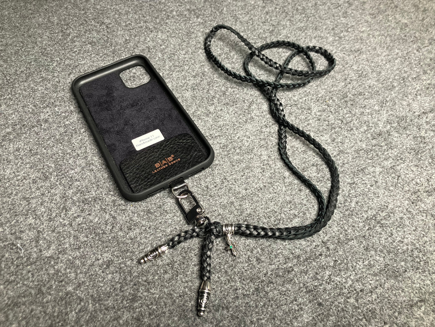 Full-Grain Leather iPhone Case/Holder/Microfiber. 2 Spiral Terminals, 1 Spiral Pin with Ring, and 1 Crucifix Pendant with 2 Hand-cut Emeralds, all made of 925 Sterling Silver & 3-Strand Leather Crossbody/Necklace/Bracelet, Brown or Black.- KC31i