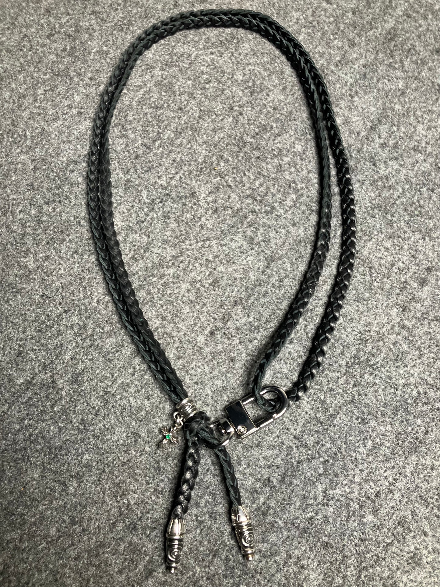 Full-Grain Leather iPhone Case/Holder/Microfiber. 2 Spiral Terminals, 1 Spiral Pin with Ring, and 1 Crucifix Pendant with 2 Hand-cut Emeralds, all made of 925 Sterling Silver & 3-Strand Leather Crossbody/Necklace/Bracelet, Brown or Black.- KC31i