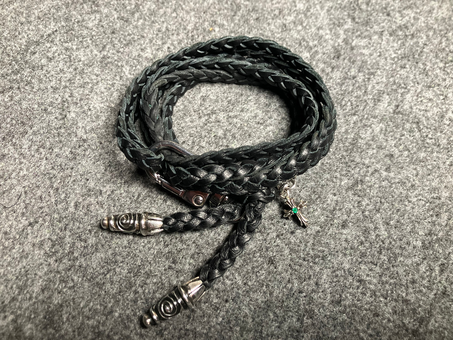 Full-Grain Leather iPhone Case/Holder/Microfiber. 2 Spiral Terminals, 1 Spiral Pin with Ring, and 1 Crucifix Pendant with 2 Hand-cut Emeralds, all made of 925 Sterling Silver & 3-Strand Leather Crossbody/Necklace/Bracelet, Brown or Black.- KC31i