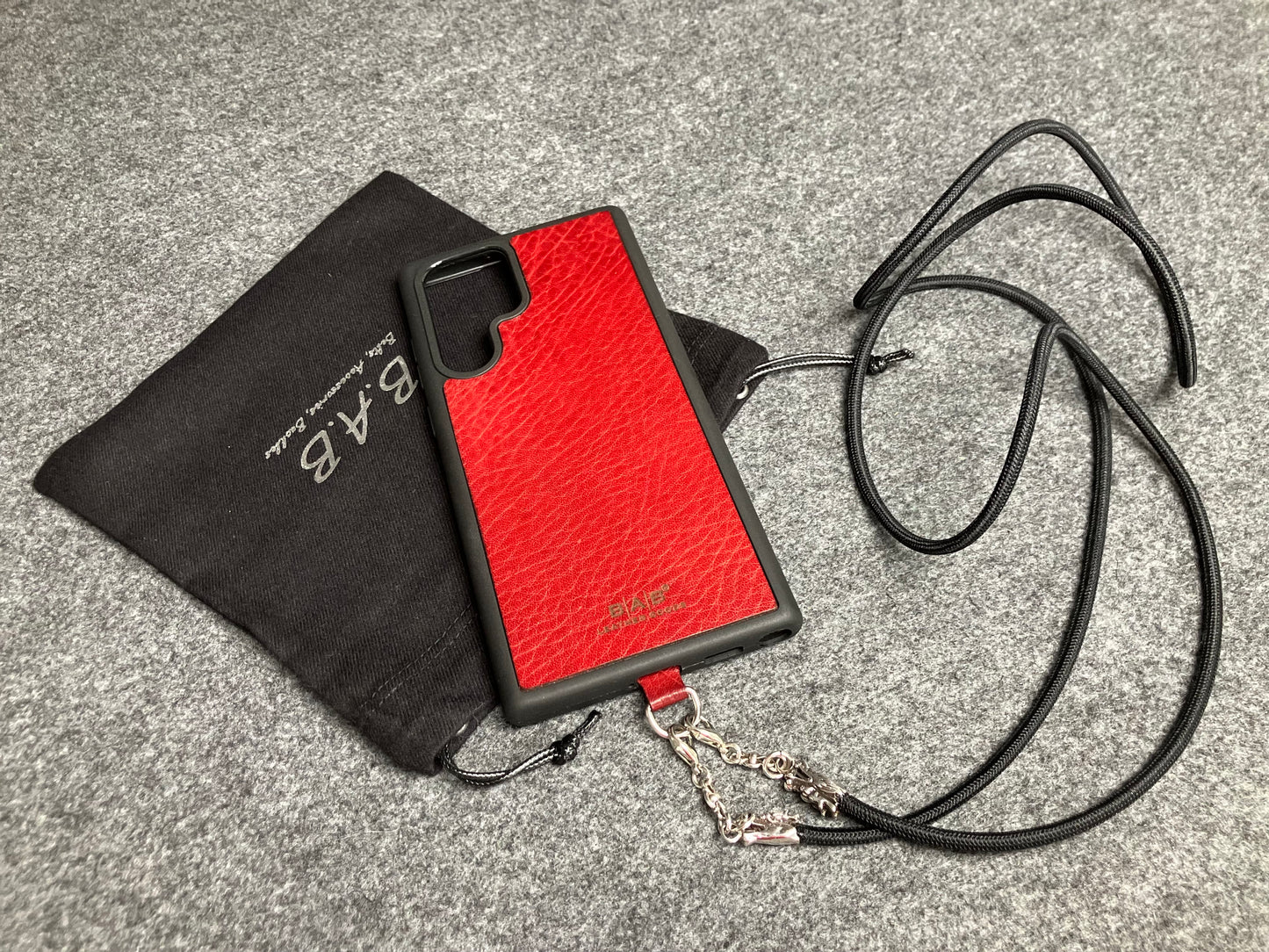 Full-Grain vegetable-tanned Genuine Leather Case/Holder for iPhone/Samsung/microfiber. 2 Dragon Terminals, 2 Links, and 6 Rings, all made of 925 Sterling Silver & Black Elastic Rope Crossbody/Necklace/Choker/Bracelet.- KC09