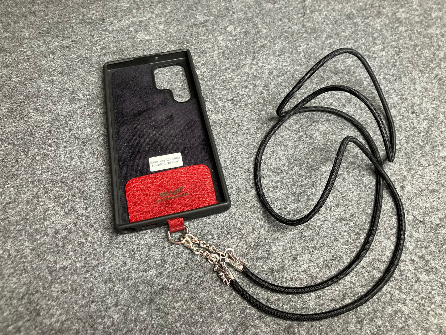Full-Grain vegetable-tanned Genuine Leather Case/Holder for iPhone/Samsung/microfiber. 2 Dragon Terminals, 2 Links, and 6 Rings, all made of 925 Sterling Silver & Black Elastic Rope Crossbody/Necklace/Choker/Bracelet.- KC09