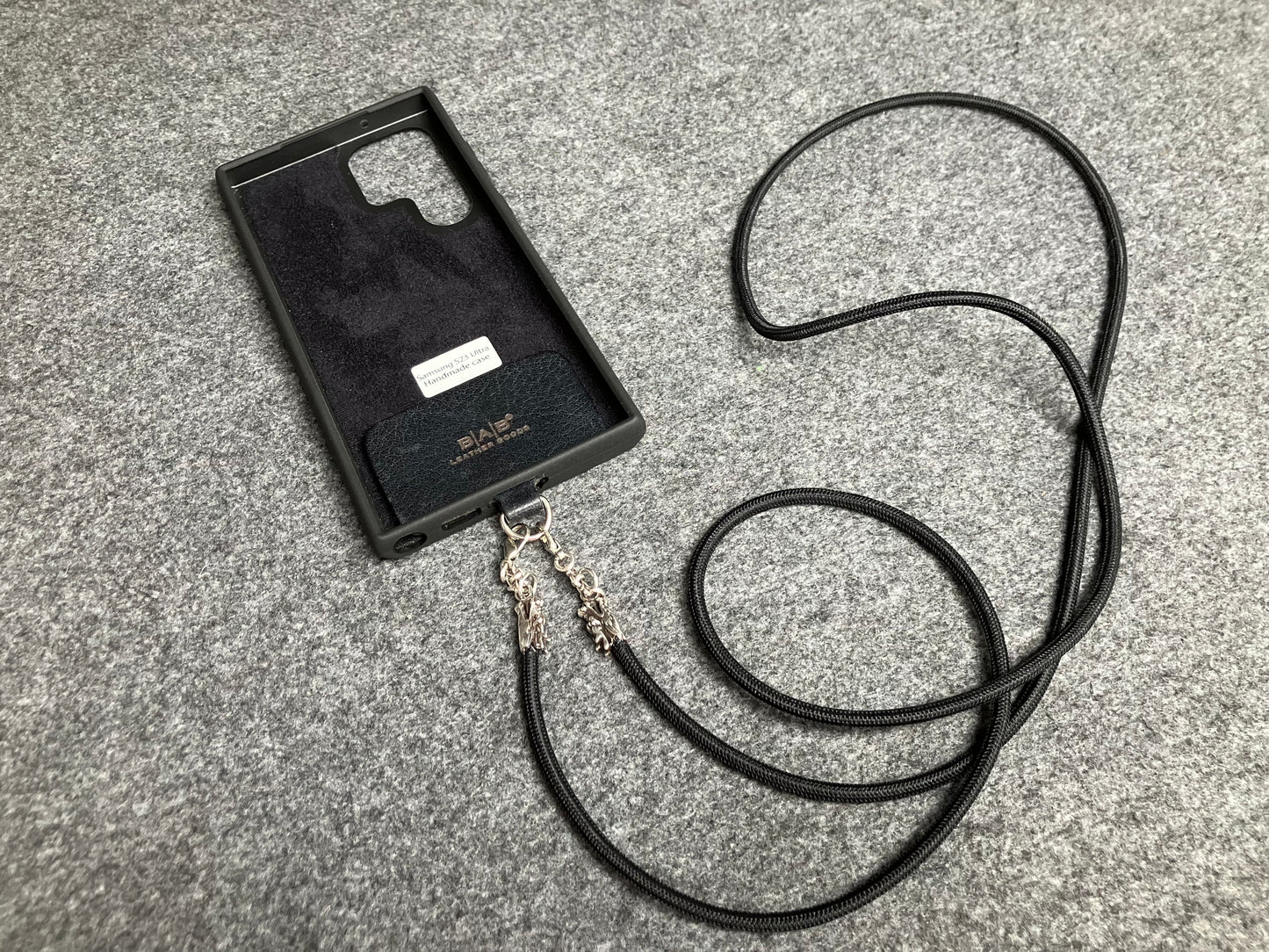 Full-Grain vegetable-tanned Genuine Leather Case/Holder for iPhone/Samsung/microfiber. 2 Dragon Terminals, 2 Links, and 6 Rings, all made of 925 Sterling Silver & Black Elastic Rope Crossbody/Necklace/Choker/Bracelet.- KC09