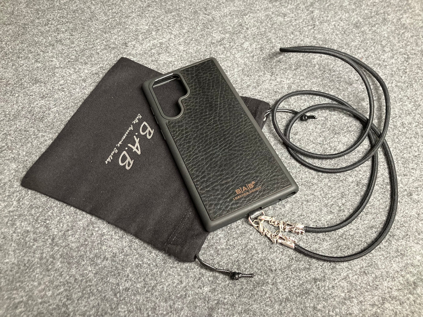Full-Grain vegetable-tanned Genuine Leather Case/Holder for iPhone/Samsung/microfiber. 2 Dragon Terminals, 2 Links, and 6 Rings, all made of 925 Sterling Silver & Black Elastic Rope Crossbody/Necklace/Choker/Bracelet.- KC09