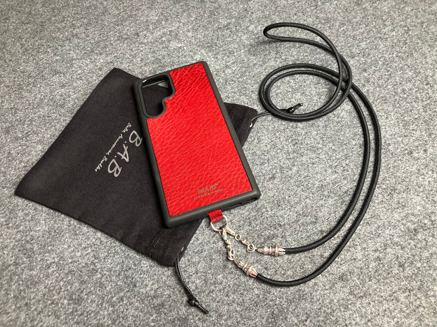 Full-Grain vegetable-tanned Genuine Leather Case/Holder for iPhone/Samsung/microfiber. 2 Rope Terminals, 2 Links, and 6 Rings, all made of 925 Sterling Silver & Crossbody/Necklace/Choker/Bracelet with Black Elastic Rope.- KC29