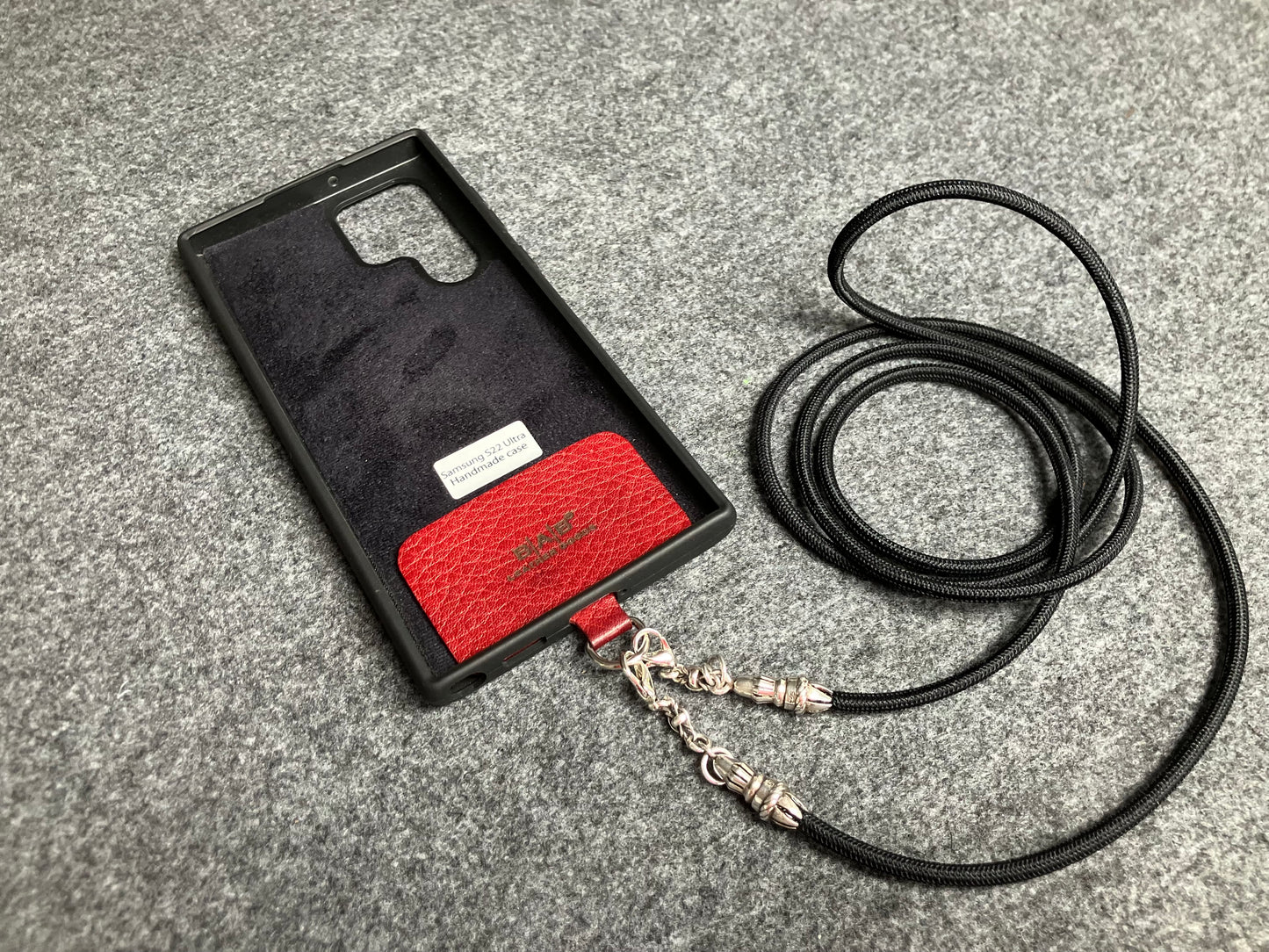 Full-Grain vegetable-tanned Genuine Leather Case/Holder for iPhone/Samsung/microfiber. 2 Rope Terminals, 2 Links, and 6 Rings, all made of 925 Sterling Silver & Crossbody/Necklace/Choker/Bracelet with Black Elastic Rope.- KC29
