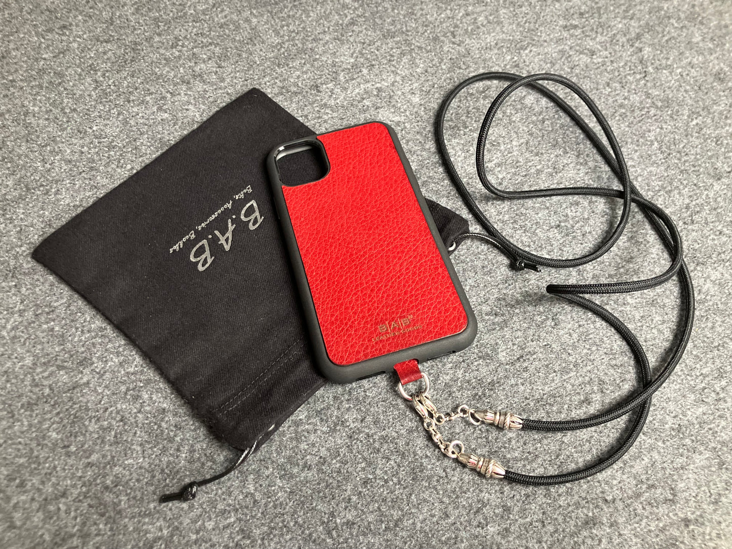 Full-Grain vegetable-tanned Genuine Leather Case/Holder for iPhone/Samsung/microfiber. 2 Rope Terminals, 2 Links, and 6 Rings, all made of 925 Sterling Silver & Crossbody/Necklace/Choker/Bracelet with Black Elastic Rope.- KC29