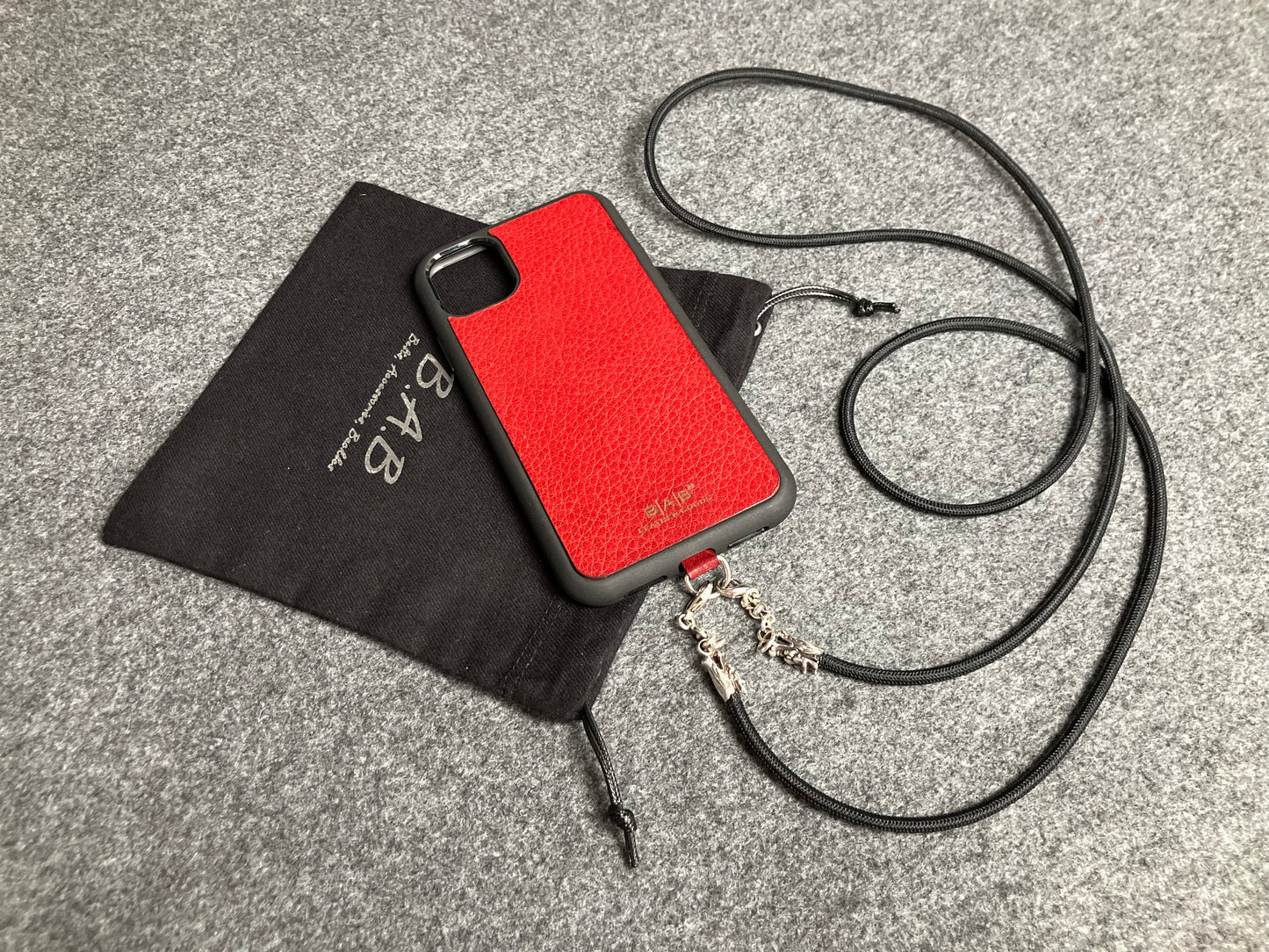 Full-Grain vegetable-tanned Genuine Leather Case/Holder for iPhone/Samsung/microfiber. 2 Dragon Terminals, 2 Links, and 6 Rings, all made of 925 Sterling Silver & Black Elastic Rope Crossbody/Necklace/Choker/Bracelet.- KC09