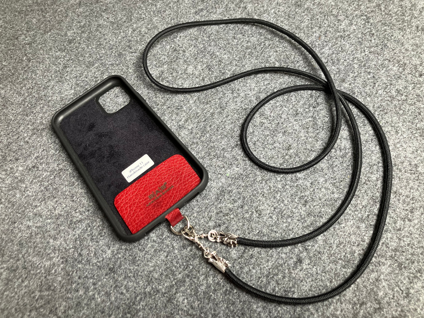 Full-Grain vegetable-tanned Genuine Leather Case/Holder for iPhone/Samsung/microfiber. 2 Dragon Terminals, 2 Links, and 6 Rings, all made of 925 Sterling Silver & Black Elastic Rope Crossbody/Necklace/Choker/Bracelet.- KC09