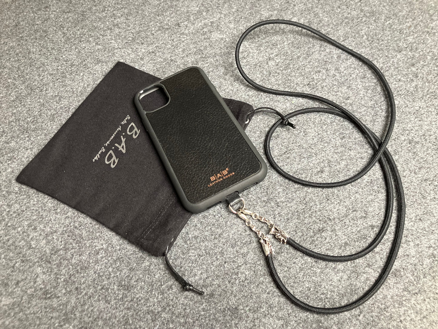 Full-Grain vegetable-tanned Genuine Leather Case/Holder for iPhone/Samsung/microfiber. 2 Dragon Terminals, 2 Links, and 6 Rings, all made of 925 Sterling Silver & Black Elastic Rope Crossbody/Necklace/Choker/Bracelet.- KC09