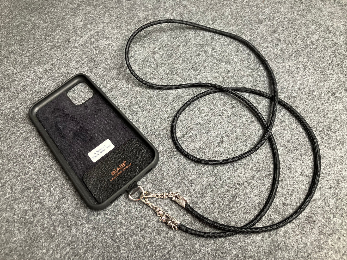 Full-Grain vegetable-tanned Genuine Leather Case/Holder for iPhone/Samsung/microfiber. 2 Dragon Terminals, 2 Links, and 6 Rings, all made of 925 Sterling Silver & Black Elastic Rope Crossbody/Necklace/Choker/Bracelet.- KC09