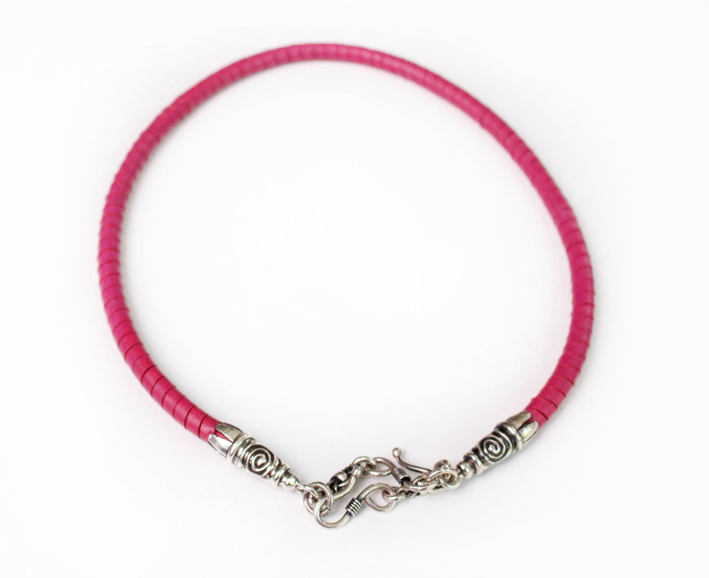 2 Spiral Terminals, 2 Links, 2 S-clasps, and 6 Jump Rings, all made of solid 925 Sterling Silver & Hand-braided Genuine Leather Spiral Strap/Choker/Bracelet.- PP01