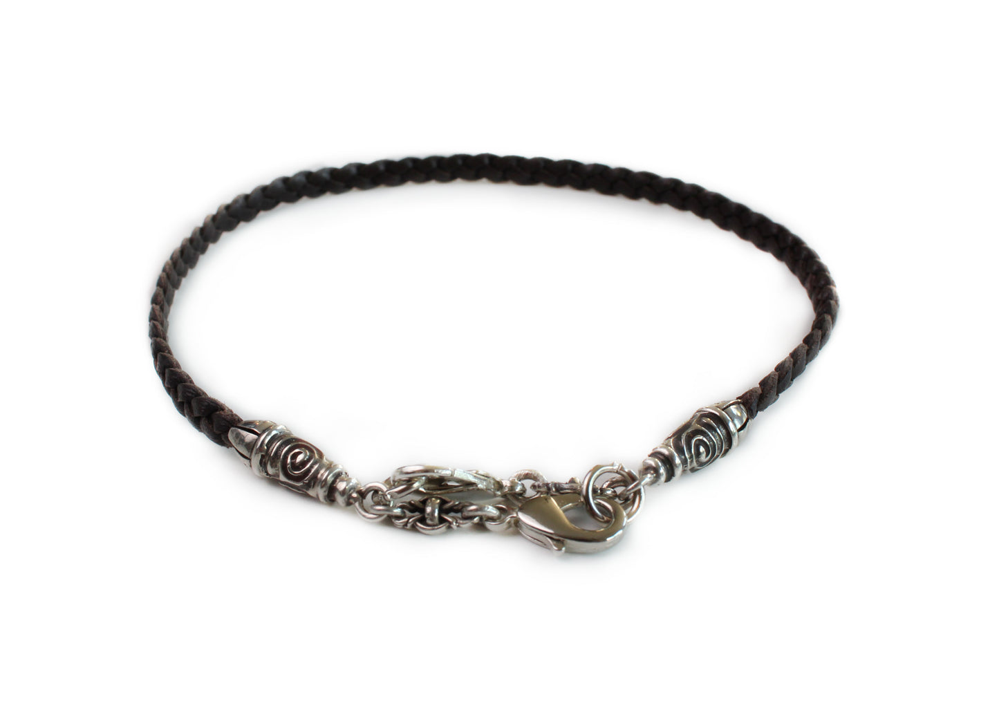 2 Spiral Terminals, 2 Links, and 6 Rings, all made of solid 925 Sterling Silver & Genuine Leather with three hand-braided double strands, Brown, or Black.- PP17