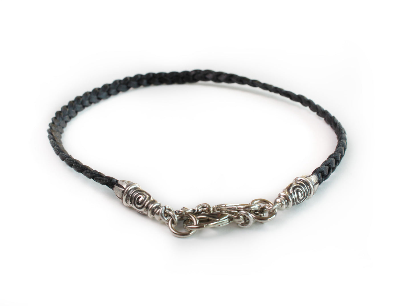 2 Spiral Terminals, 2 Links, and 6 Rings, all made of solid 925 Sterling Silver & Genuine Leather with three hand-braided double strands, Brown, or Black.- PP17