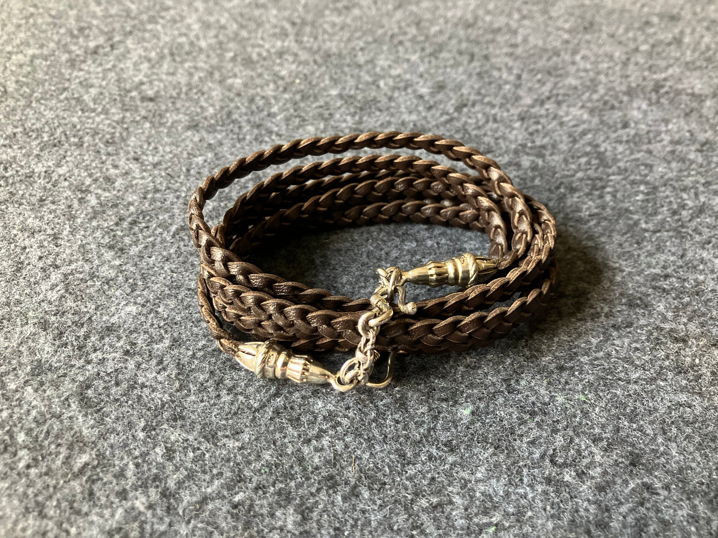 2 Rope Terminals, 2 Links, and 6 Rings, all made of Solid 925 Sterling Silver & Genuine Leather Crossbody/Necklace/Choker/Bracelet, with three hand-braided double strands, Brown or Black.- CP14