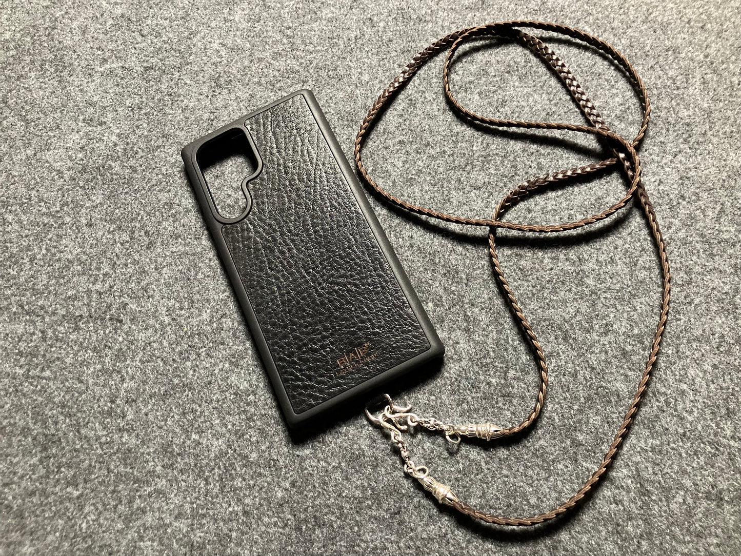Full-Grain vegetable-tanned Genuine Leather Samsung Case/Holder/Microfiber. 2 Rope Terminals, 2 Links, and 6 Rings, all made of 925 Sterling Silver & Leather Crossbody/Necklace/Choker/Bracelet with 3 Hand-Braided Strands, Brown or Black.- KC14S