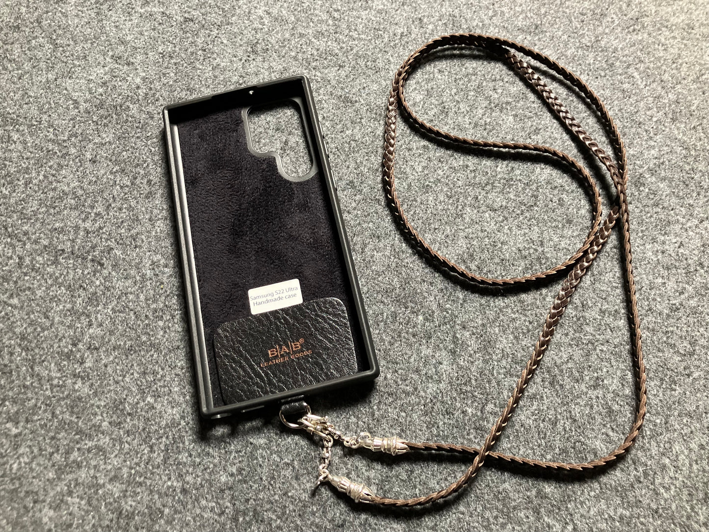 Full-Grain vegetable-tanned Genuine Leather Samsung Case/Holder/Microfiber. 2 Rope Terminals, 2 Links, and 6 Rings, all made of 925 Sterling Silver & Leather Crossbody/Necklace/Choker/Bracelet with 3 Hand-Braided Strands, Brown or Black.- KC14S