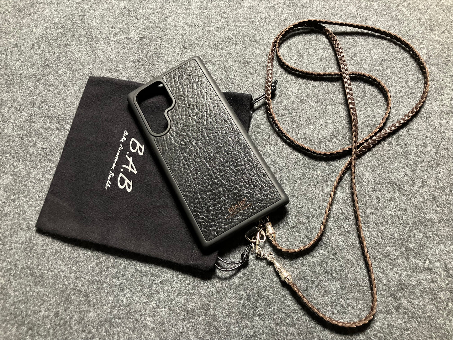 Full-Grain vegetable-tanned Genuine Leather Samsung Case/Holder/Microfiber. 2 Rope Terminals, 2 Links, and 6 Rings, all made of 925 Sterling Silver & Leather Crossbody/Necklace/Choker/Bracelet with 3 Hand-Braided Strands, Brown or Black.- KC14S
