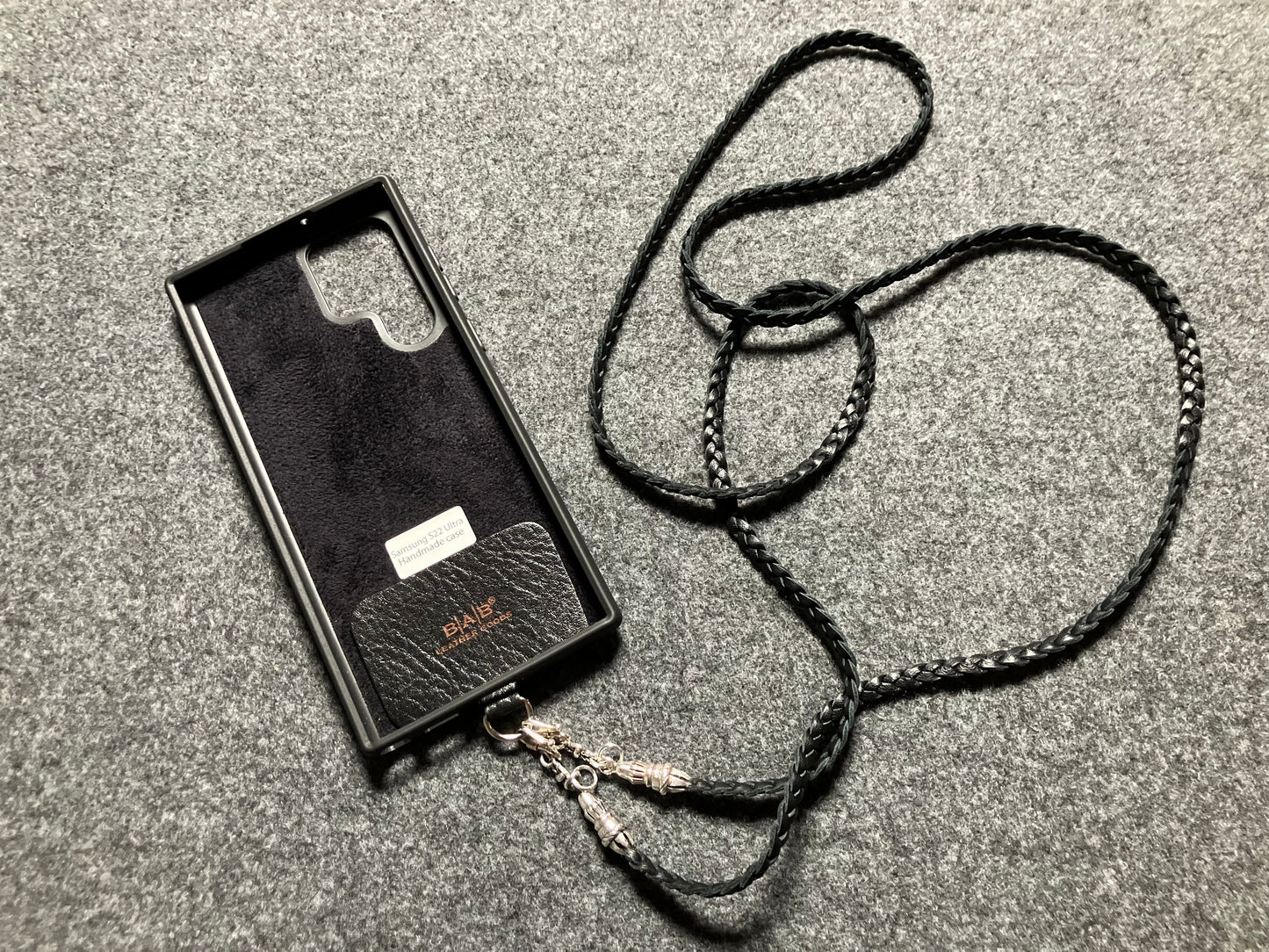 Full-Grain vegetable-tanned Genuine Leather Samsung Case/Holder/Microfiber. 2 Rope Terminals, 2 Links, and 6 Rings, all made of 925 Sterling Silver & Leather Crossbody/Necklace/Choker/Bracelet with 3 Hand-Braided Strands, Brown or Black.- KC14S