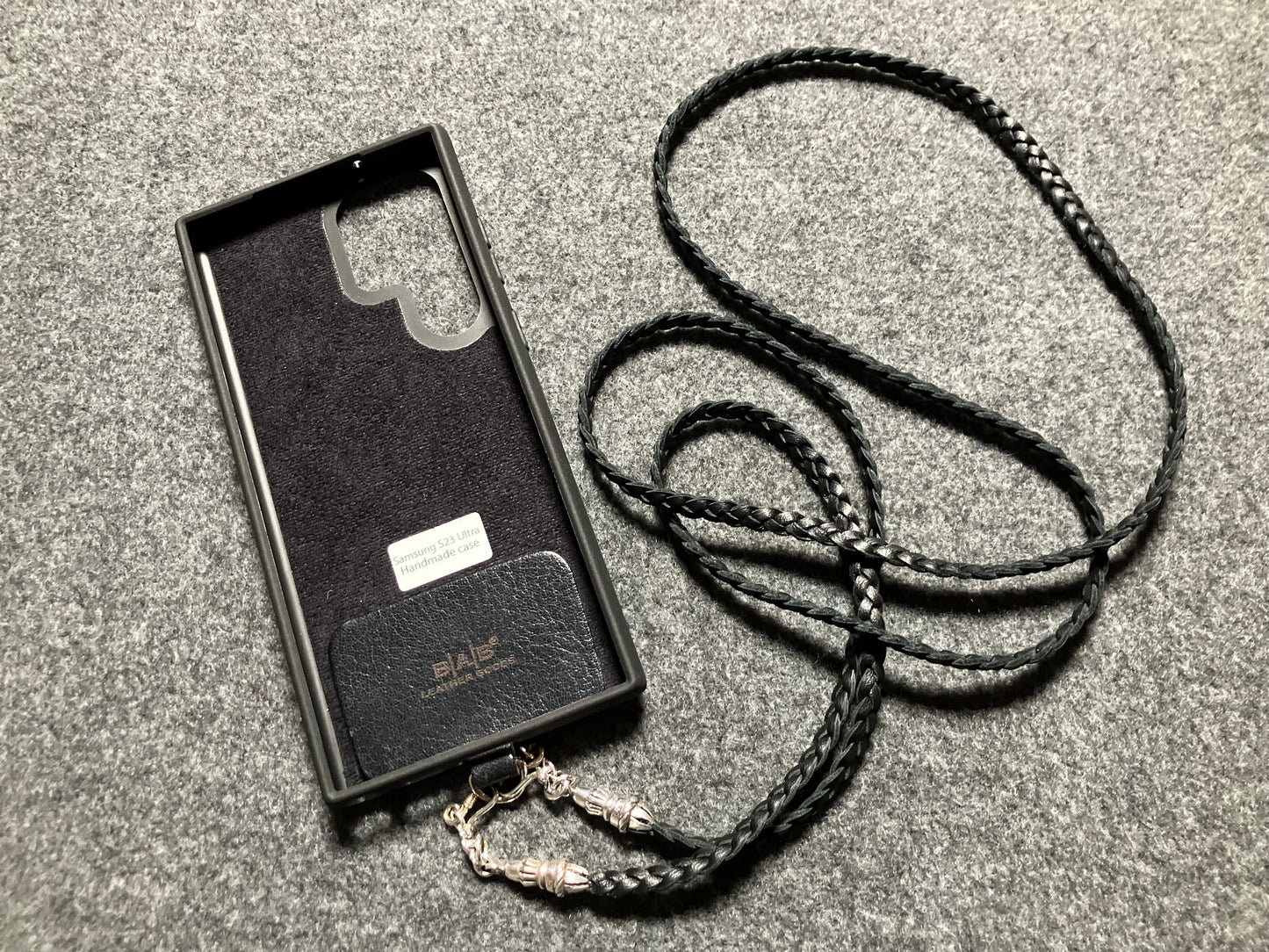 Full-Grain vegetable-tanned Genuine Leather Samsung Case/Holder/Microfiber. 2 Rope Terminals, 2 Links, and 6 Rings, all made of 925 Sterling Silver & Leather Crossbody/Necklace/Choker/Bracelet with 3 Hand-Braided Strands, Brown or Black.- KC14S