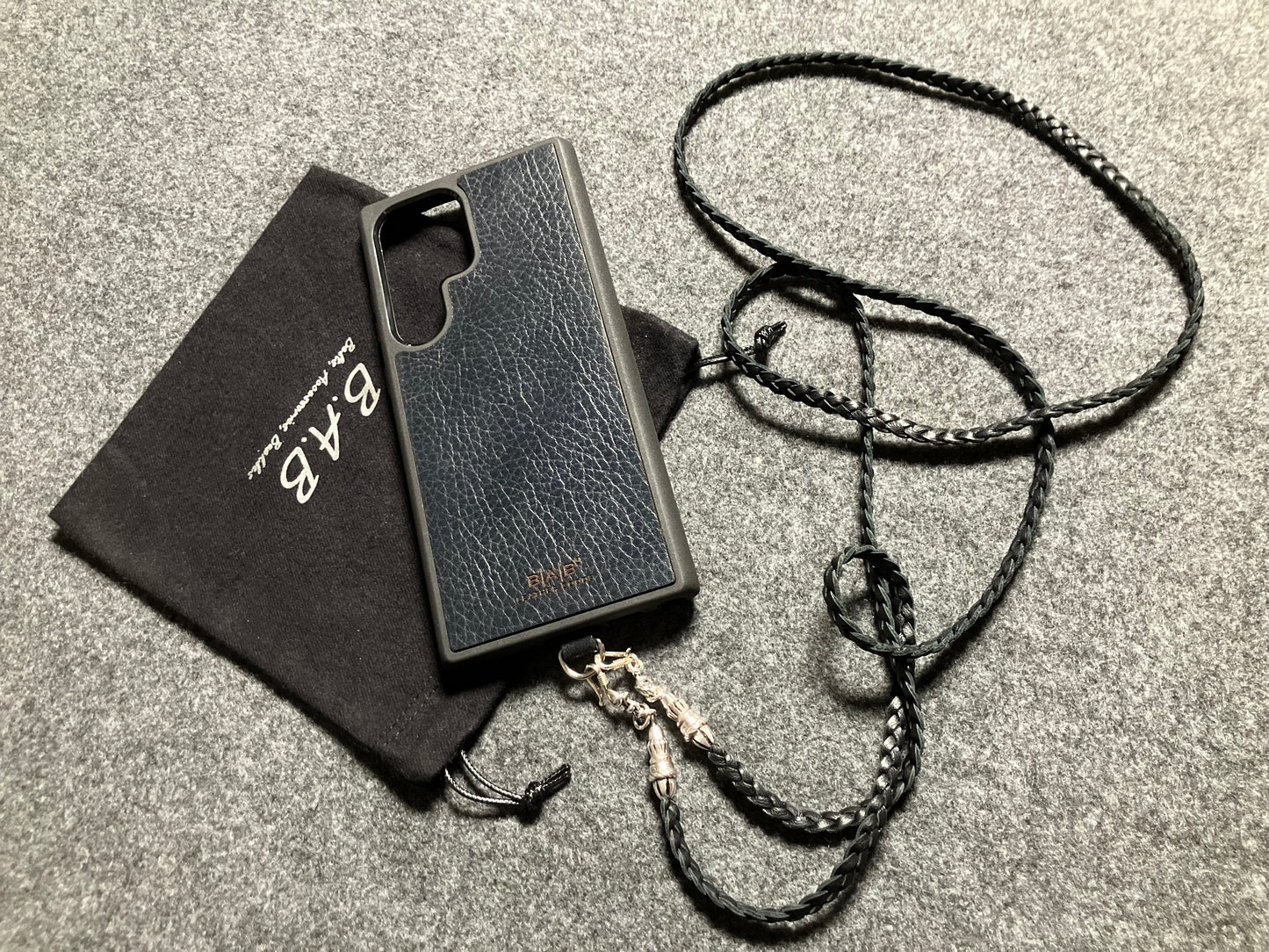 Full-Grain vegetable-tanned Genuine Leather Samsung Case/Holder/Microfiber. 2 Rope Terminals, 2 Links, and 6 Rings, all made of 925 Sterling Silver & Leather Crossbody/Necklace/Choker/Bracelet with 3 Hand-Braided Strands, Brown or Black.- KC14S