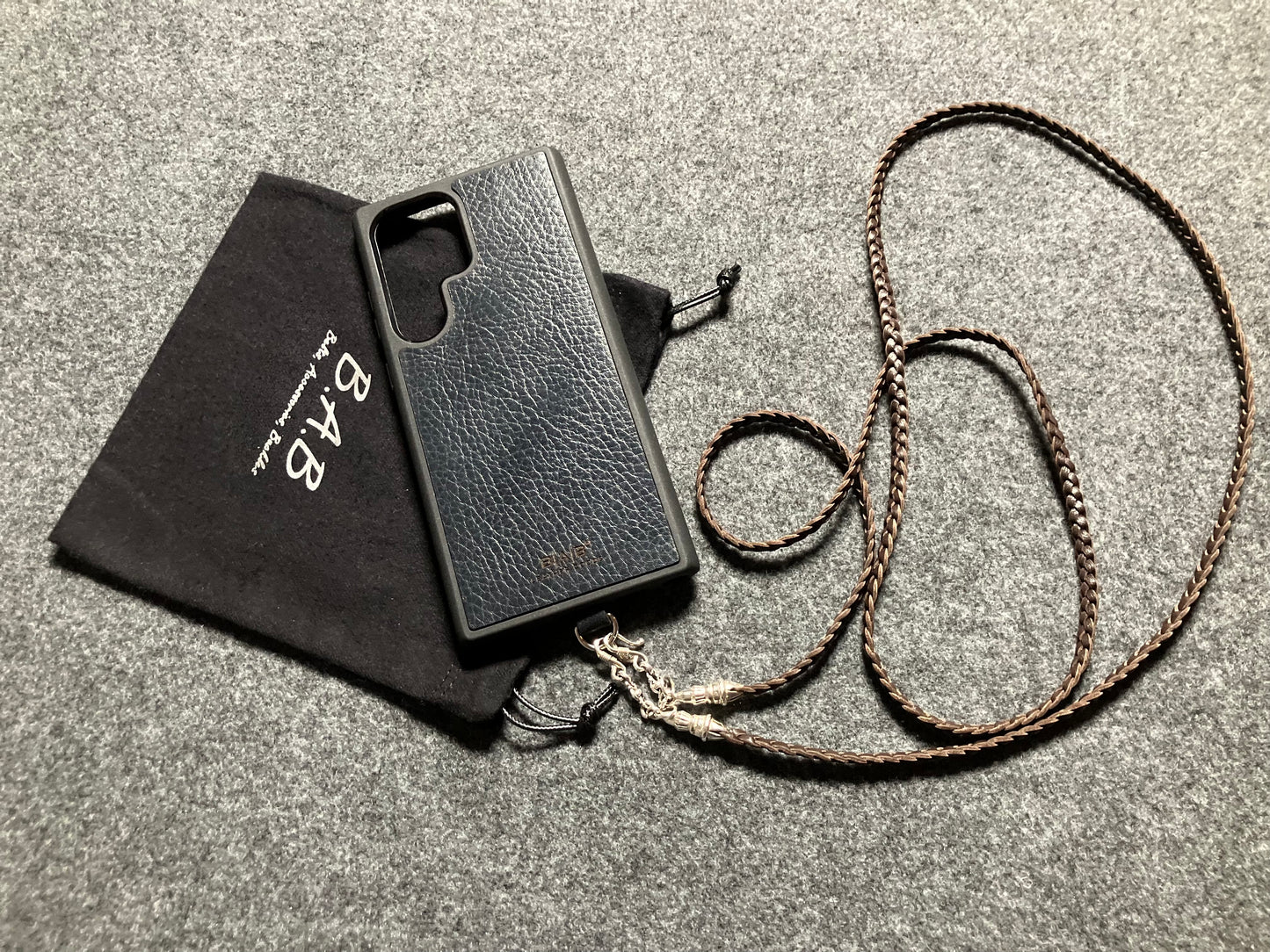 Full-Grain vegetable-tanned Genuine Leather Samsung Case/Holder/Microfiber. 2 Rope Terminals, 2 Links, and 6 Rings, all made of 925 Sterling Silver & Leather Crossbody/Necklace/Choker/Bracelet with 3 Hand-Braided Strands, Brown or Black.- KC14S