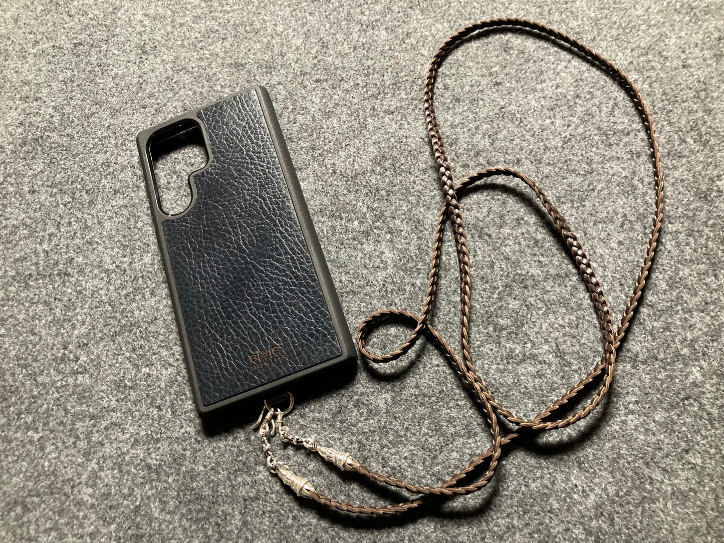 Full-Grain vegetable-tanned Genuine Leather Samsung Case/Holder/Microfiber. 2 Rope Terminals, 2 Links, and 6 Rings, all made of 925 Sterling Silver & Leather Crossbody/Necklace/Choker/Bracelet with 3 Hand-Braided Strands, Brown or Black.- KC14S