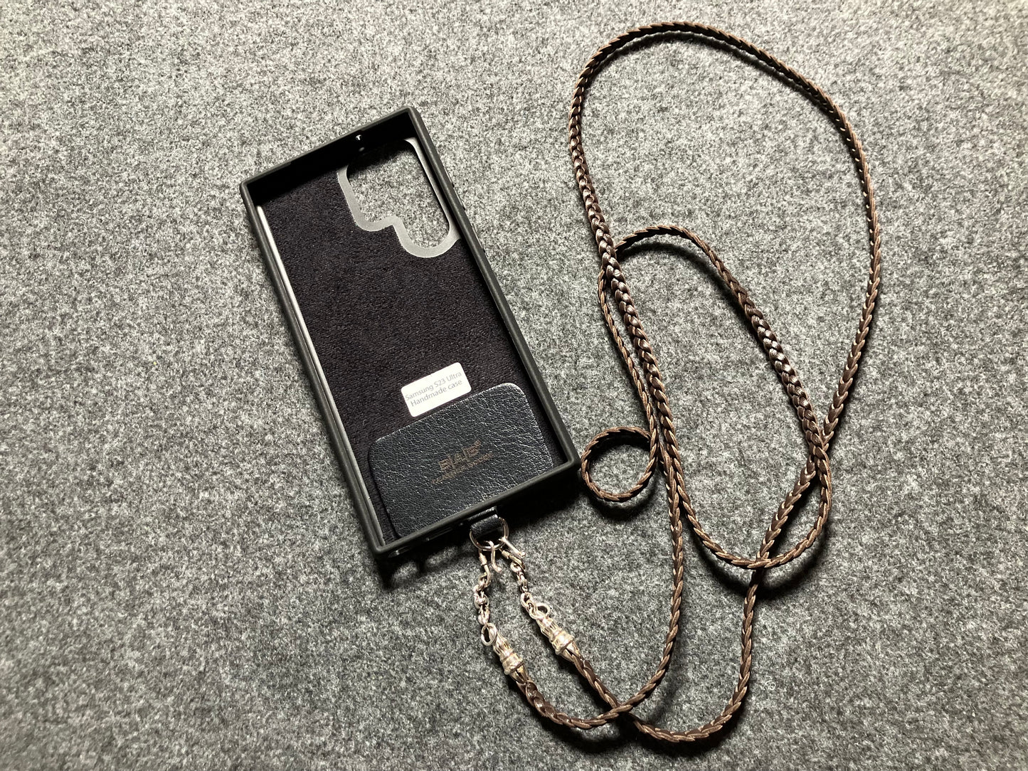 Full-Grain vegetable-tanned Genuine Leather Samsung Case/Holder/Microfiber. 2 Rope Terminals, 2 Links, and 6 Rings, all made of 925 Sterling Silver & Leather Crossbody/Necklace/Choker/Bracelet with 3 Hand-Braided Strands, Brown or Black.- KC14S