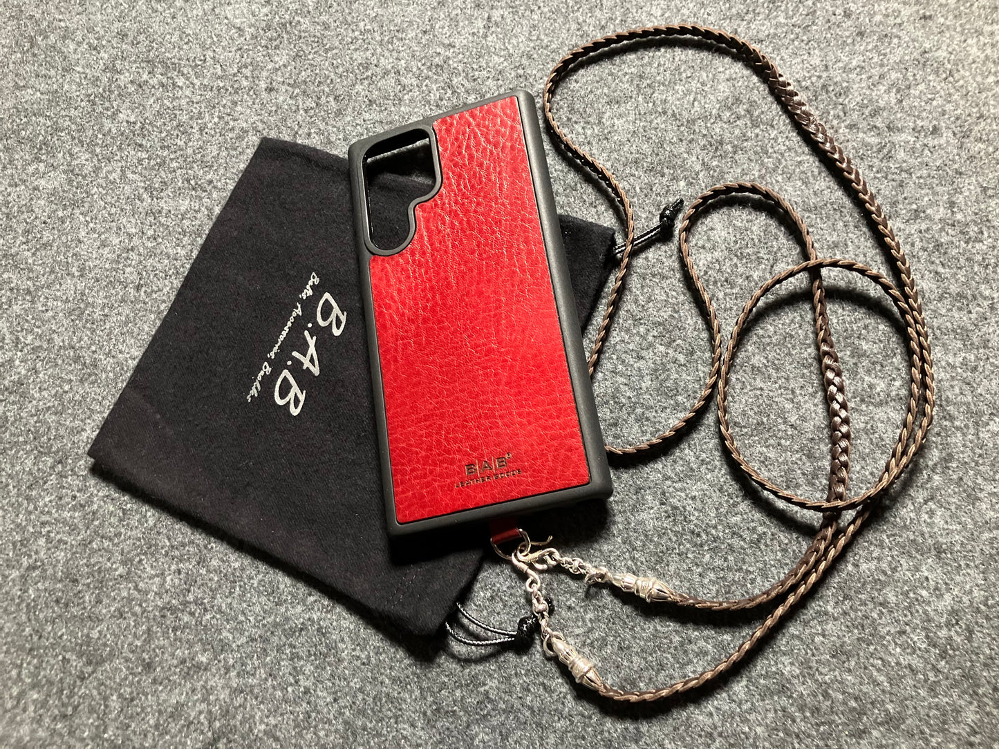 Full-Grain vegetable-tanned Genuine Leather Samsung Case/Holder/Microfiber. 2 Rope Terminals, 2 Links, and 6 Rings, all made of 925 Sterling Silver & Leather Crossbody/Necklace/Choker/Bracelet with 3 Hand-Braided Strands, Brown or Black.- KC14S