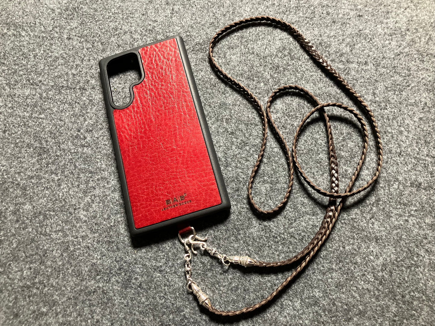 Full-Grain vegetable-tanned Genuine Leather Samsung Case/Holder/Microfiber. 2 Rope Terminals, 2 Links, and 6 Rings, all made of 925 Sterling Silver & Leather Crossbody/Necklace/Choker/Bracelet with 3 Hand-Braided Strands, Brown or Black.- KC14S