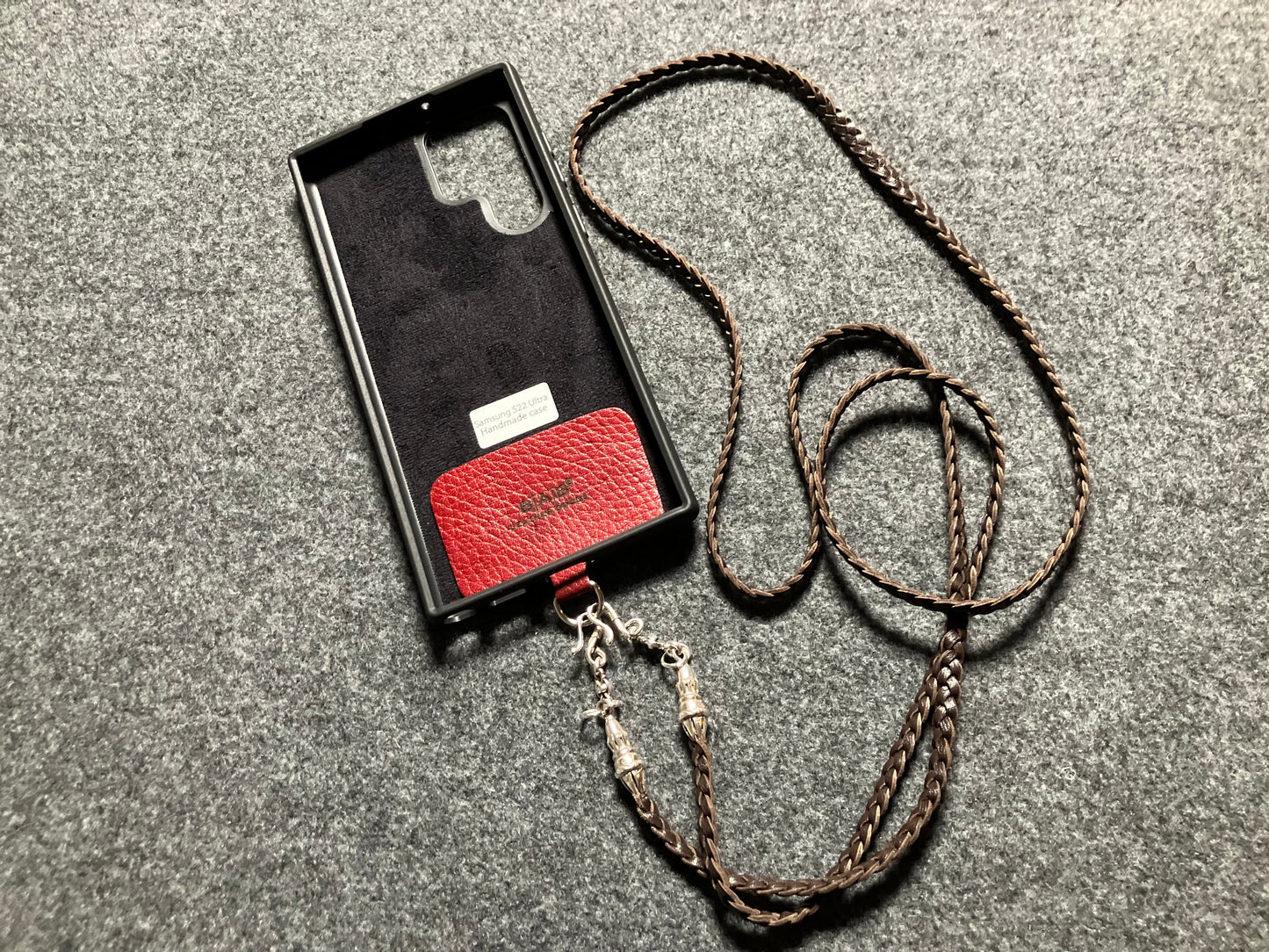 Full-Grain vegetable-tanned Genuine Leather Samsung Case/Holder/Microfiber. 2 Rope Terminals, 2 Links, and 6 Rings, all made of 925 Sterling Silver & Leather Crossbody/Necklace/Choker/Bracelet with 3 Hand-Braided Strands, Brown or Black.- KC14S