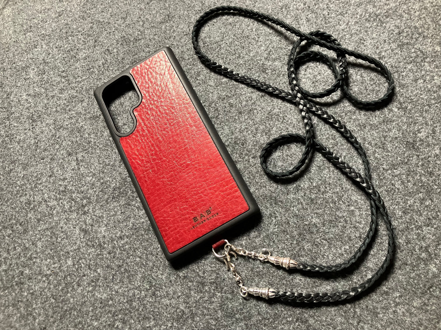 Full-Grain vegetable-tanned Genuine Leather Samsung Case/Holder/Microfiber. 2 Rope Terminals, 2 Links, and 6 Rings, all made of 925 Sterling Silver & Leather Crossbody/Necklace/Choker/Bracelet with 3 Hand-Braided Strands, Brown or Black.- KC14S