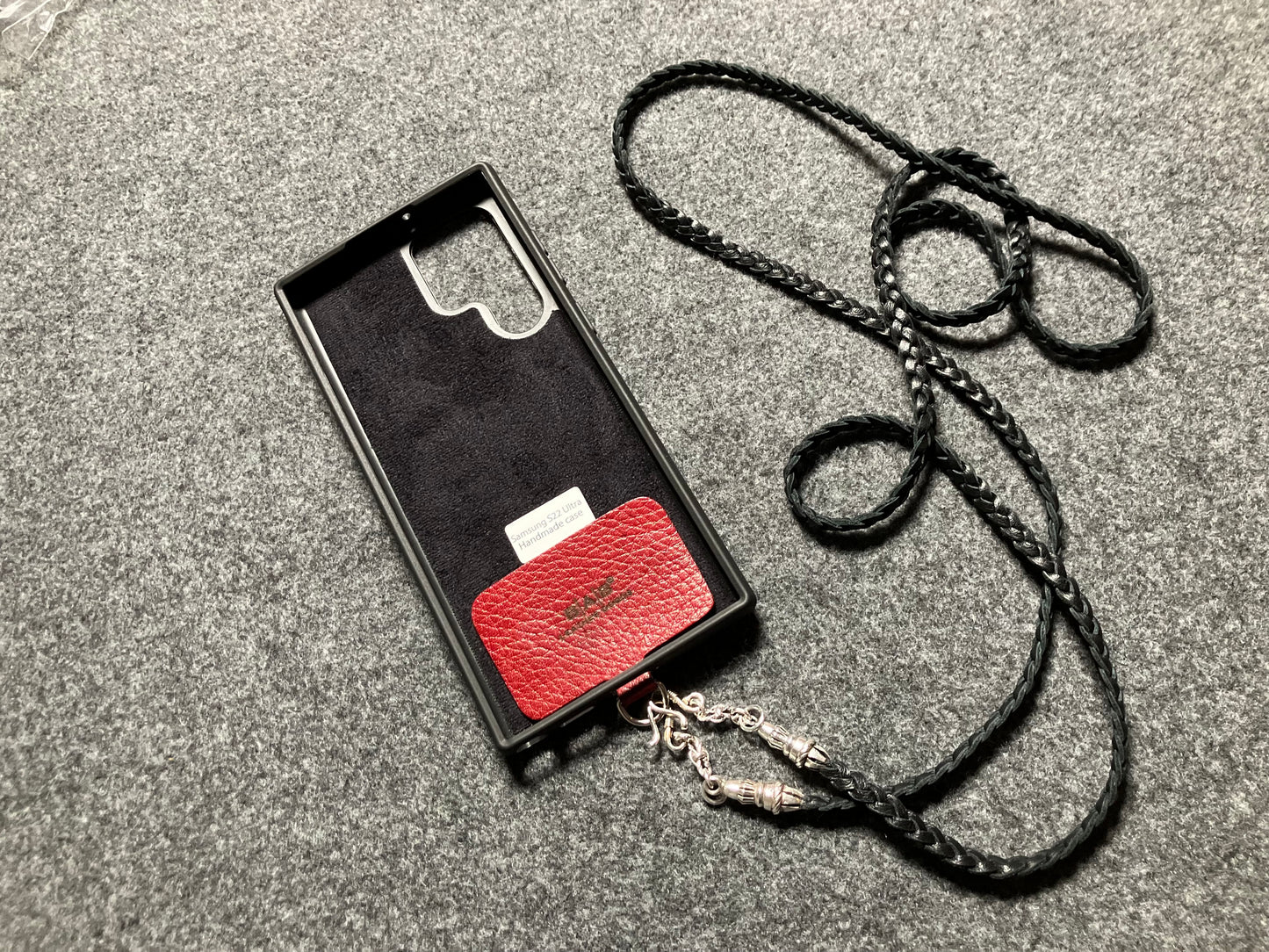 Full-Grain vegetable-tanned Genuine Leather Samsung Case/Holder/Microfiber. 2 Rope Terminals, 2 Links, and 6 Rings, all made of 925 Sterling Silver & Leather Crossbody/Necklace/Choker/Bracelet with 3 Hand-Braided Strands, Brown or Black.- KC14S