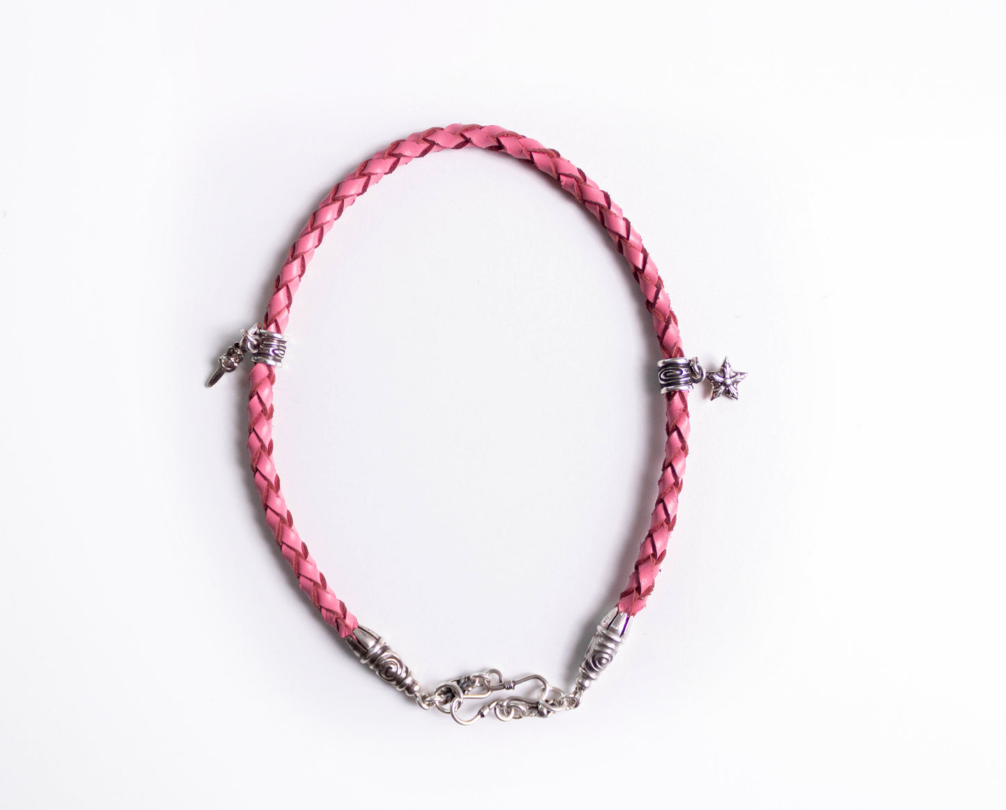 2 Spiral Terminals, 2 Links, 2 S-Clasps, 2 Pendant Pins, and 8 Rings, all made of solid 925 Sterling Silver & Genuine Leather Strap/Choker/Bracelet with 4 hand-braided strands.- PP02