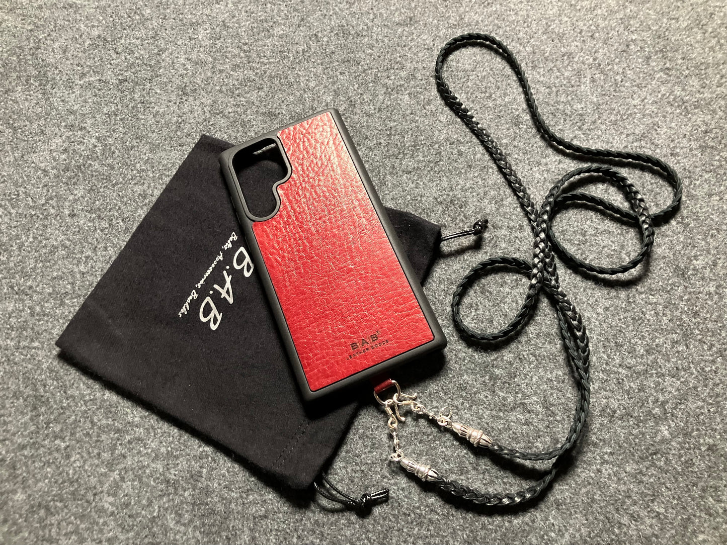 Full-Grain vegetable-tanned Genuine Leather Samsung Case/Holder/Microfiber. 2 Rope Terminals, 2 Links, and 6 Rings, all made of 925 Sterling Silver & Leather Crossbody/Necklace/Choker/Bracelet with 3 Hand-Braided Strands, Brown or Black.- KC14S