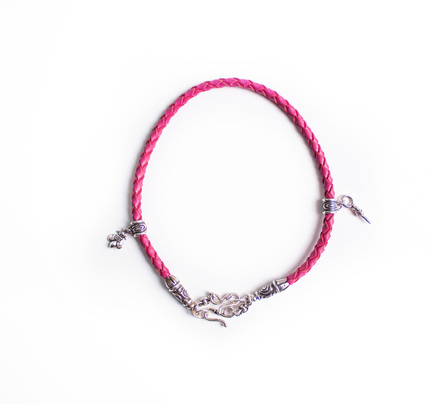 2 Spiral Terminals, 2 Links, 2 S-Clasps, 2 Pendant Pins, and 8 Rings, all made of solid 925 Sterling Silver & Genuine Leather Strap/Choker/Bracelet with 4 hand-braided strands.- PP02