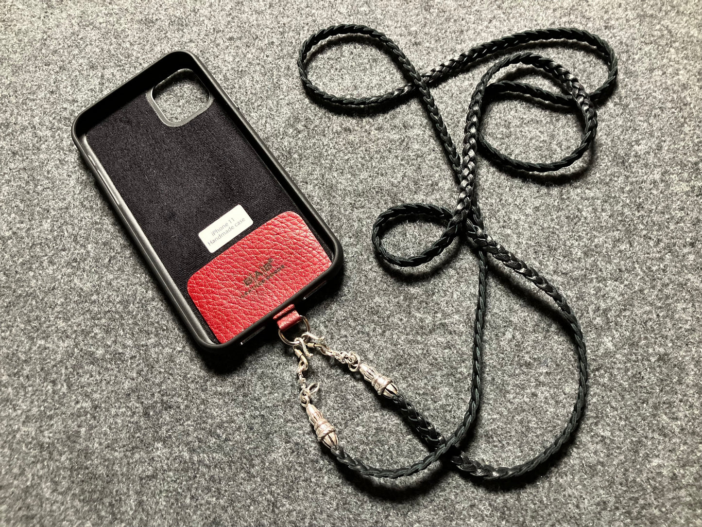 Full-Grain vegetable-tanned Genuine Leather iPhone Case/Holder/Microfiber. 2 Rope Terminals, 2 Links, 2-S clasps, and 6 Rings, all made of 925 Sterling Silver & Leather Crossbody/Necklace/Choker/Bracelet with 3 Hand-braided strands, Brown or Black.- KC14i