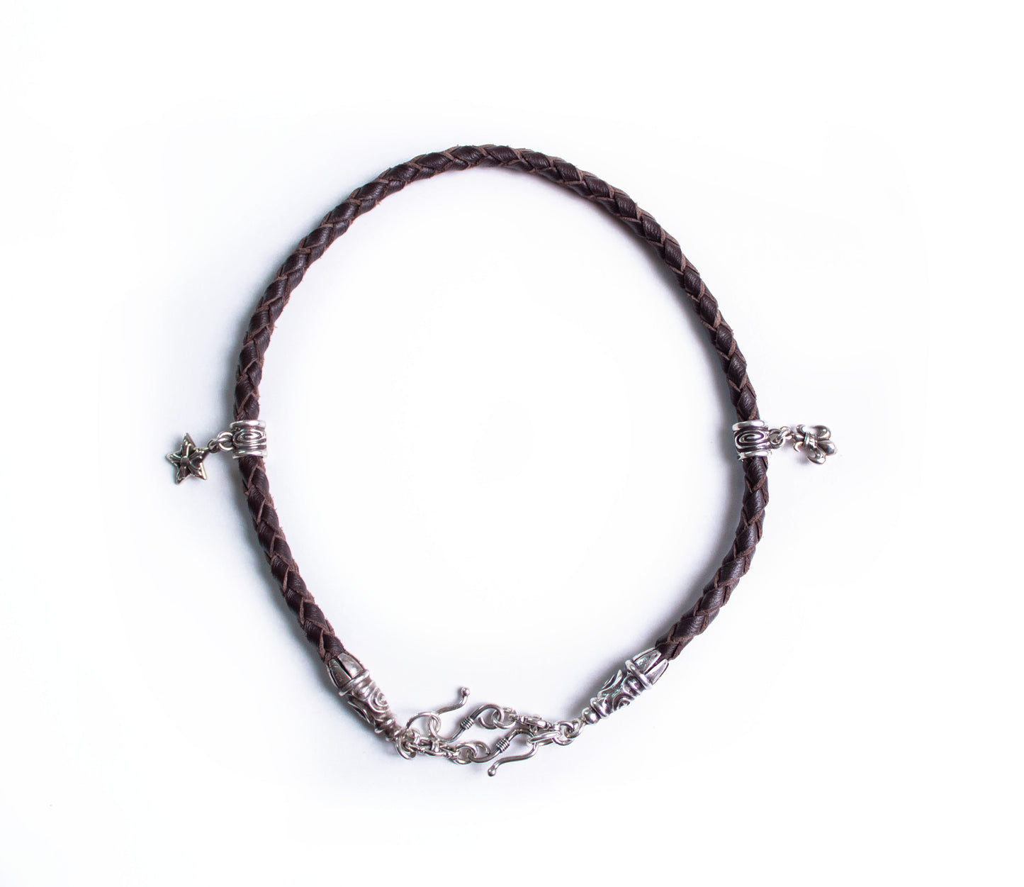 2 Spiral Terminals, 2 Links, 2 S-Clasps, 2 Pendant Pins, and 8 Rings, all made of solid 925 Sterling Silver & Genuine Leather Strap/Choker/Bracelet with 4 hand-braided strands.- PP02