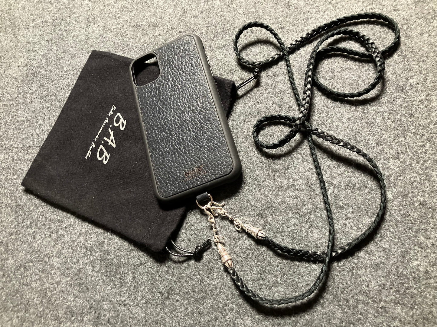 Full-Grain vegetable-tanned Genuine Leather iPhone Case/Holder/Microfiber. 2 Rope Terminals, 2 Links, 2-S clasps, and 6 Rings, all made of 925 Sterling Silver & Leather Crossbody/Necklace/Choker/Bracelet with 3 Hand-braided strands, Brown or Black.- KC14i