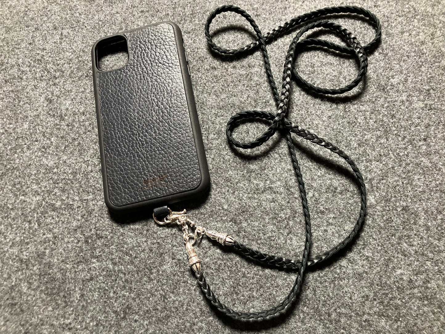 Full-Grain vegetable-tanned Genuine Leather iPhone Case/Holder/Microfiber. 2 Rope Terminals, 2 Links, 2-S clasps, and 6 Rings, all made of 925 Sterling Silver & Leather Crossbody/Necklace/Choker/Bracelet with 3 Hand-braided strands, Brown or Black.- KC14i