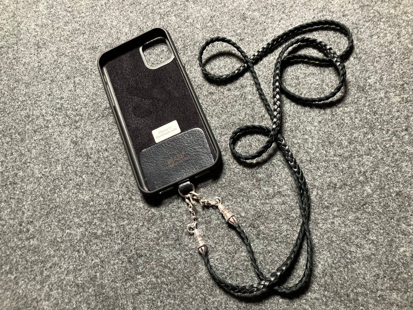 Full-Grain vegetable-tanned Genuine Leather iPhone Case/Holder/Microfiber. 2 Rope Terminals, 2 Links, 2-S clasps, and 6 Rings, all made of 925 Sterling Silver & Leather Crossbody/Necklace/Choker/Bracelet with 3 Hand-braided strands, Brown or Black.- KC14i