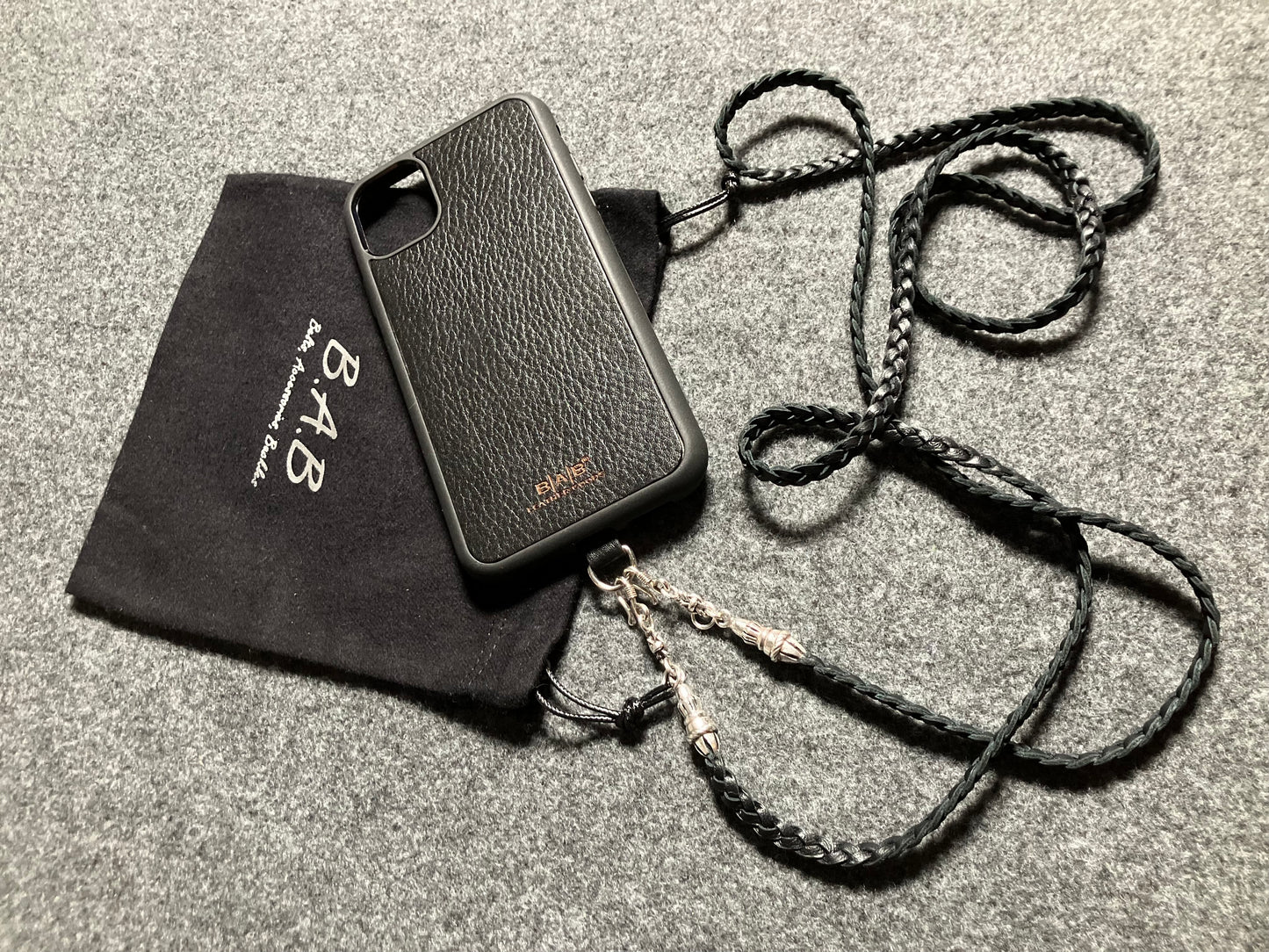 Full-Grain vegetable-tanned Genuine Leather iPhone Case/Holder/Microfiber. 2 Rope Terminals, 2 Links, 2-S clasps, and 6 Rings, all made of 925 Sterling Silver & Leather Crossbody/Necklace/Choker/Bracelet with 3 Hand-braided strands, Brown or Black.- KC14i