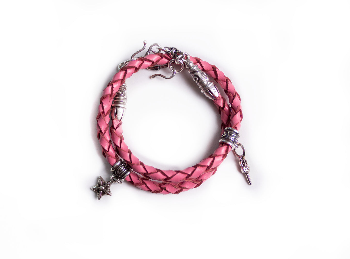2 Spiral Terminals, 2 Links, 2 S-Clasps, 2 Pendant Pins, and 8 Rings, all made of solid 925 Sterling Silver & Genuine Leather Strap/Choker/Bracelet with 4 hand-braided strands.- PP02