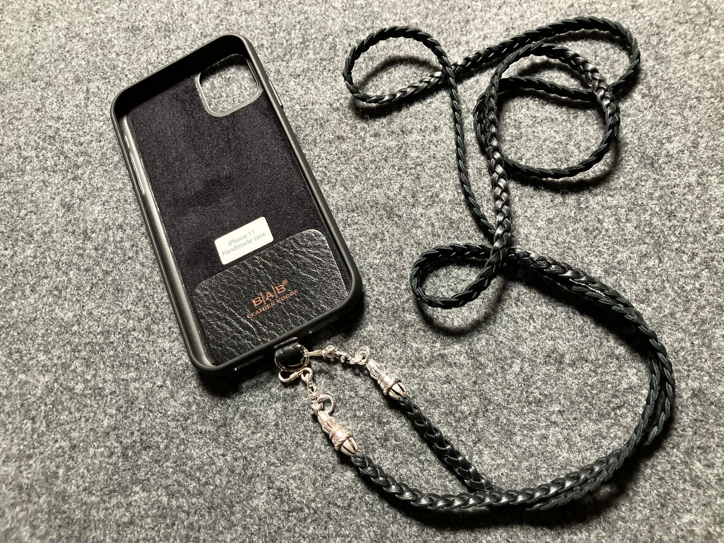 Full-Grain vegetable-tanned Genuine Leather iPhone Case/Holder/Microfiber. 2 Rope Terminals, 2 Links, 2-S clasps, and 6 Rings, all made of 925 Sterling Silver & Leather Crossbody/Necklace/Choker/Bracelet with 3 Hand-braided strands, Brown or Black.- KC14i