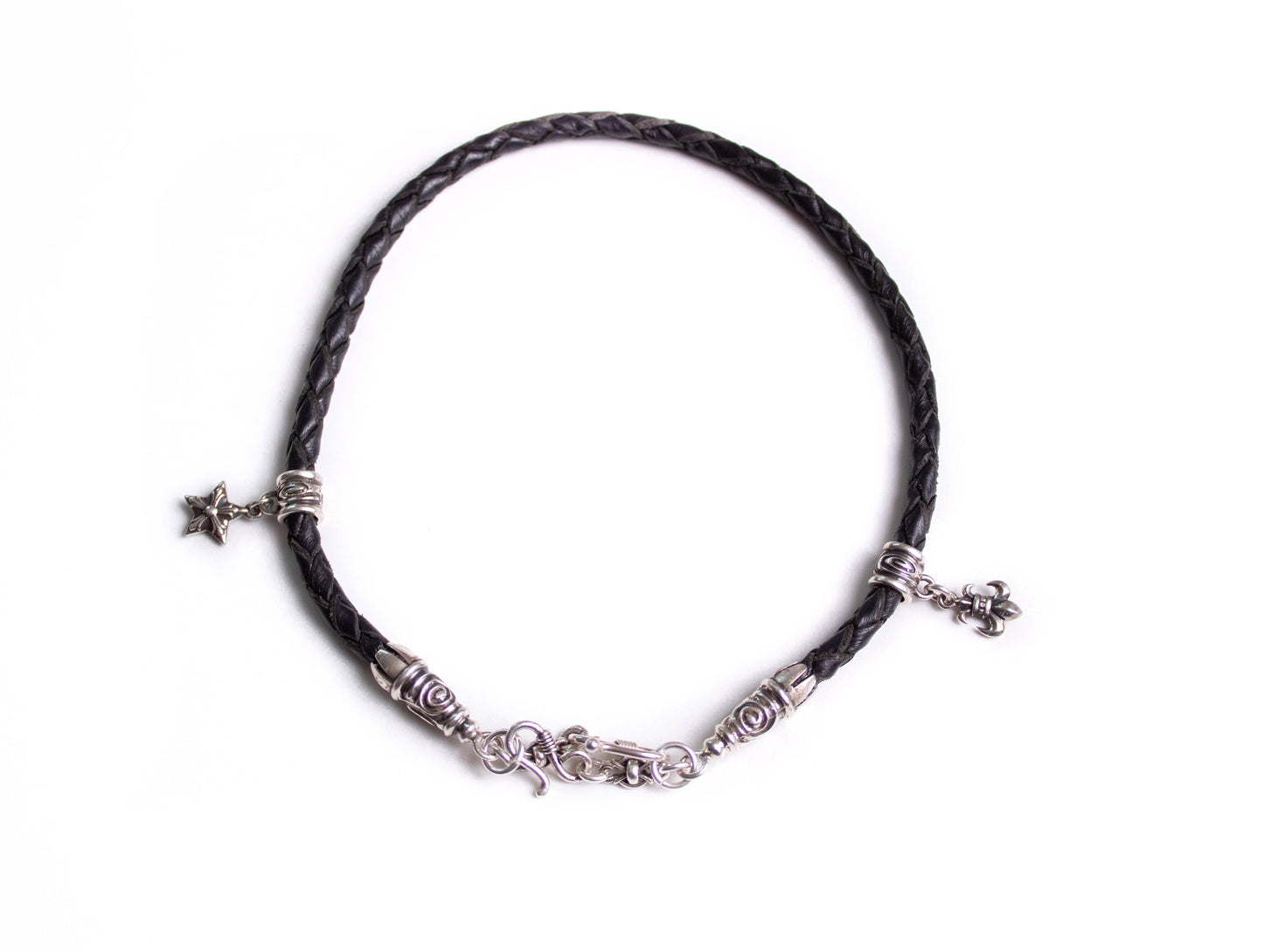 2 Spiral Terminals, 2 Links, 2 S-Clasps, 2 Pendant Pins, and 8 Rings, all made of solid 925 Sterling Silver & Genuine Leather Strap/Choker/Bracelet with 4 hand-braided strands.- PP02