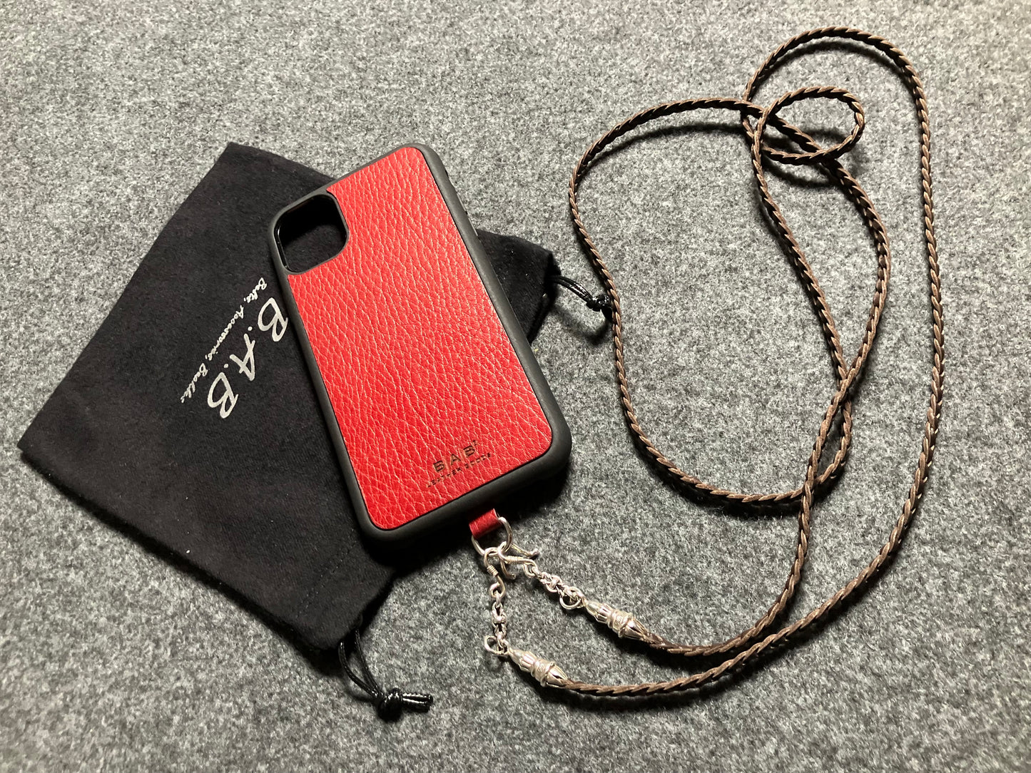 Full-Grain vegetable-tanned Genuine Leather iPhone Case/Holder/Microfiber. 2 Rope Terminals, 2 Links, 2-S clasps, and 6 Rings, all made of 925 Sterling Silver & Leather Crossbody/Necklace/Choker/Bracelet with 3 Hand-braided strands, Brown or Black.- KC14i