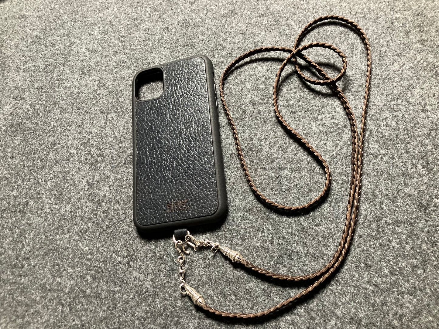Full-Grain vegetable-tanned Genuine Leather iPhone Case/Holder/Microfiber. 2 Rope Terminals, 2 Links, 2-S clasps, and 6 Rings, all made of 925 Sterling Silver & Leather Crossbody/Necklace/Choker/Bracelet with 3 Hand-braided strands, Brown or Black.- KC14i
