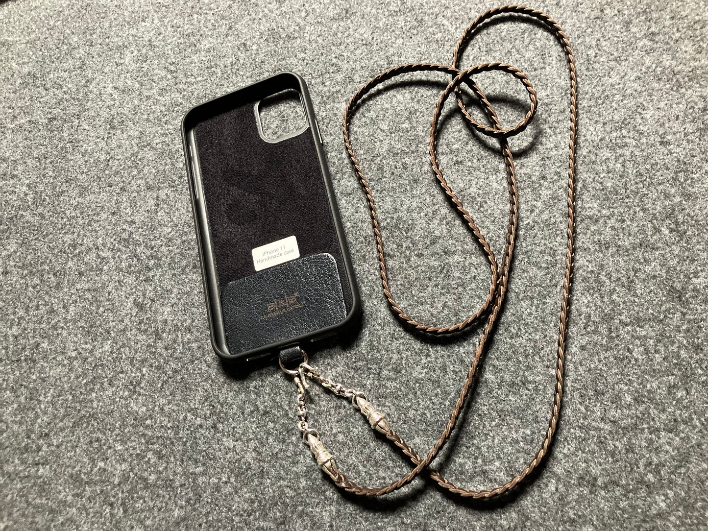 Full-Grain vegetable-tanned Genuine Leather iPhone Case/Holder/Microfiber. 2 Rope Terminals, 2 Links, 2-S clasps, and 6 Rings, all made of 925 Sterling Silver & Leather Crossbody/Necklace/Choker/Bracelet with 3 Hand-braided strands, Brown or Black.- KC14i