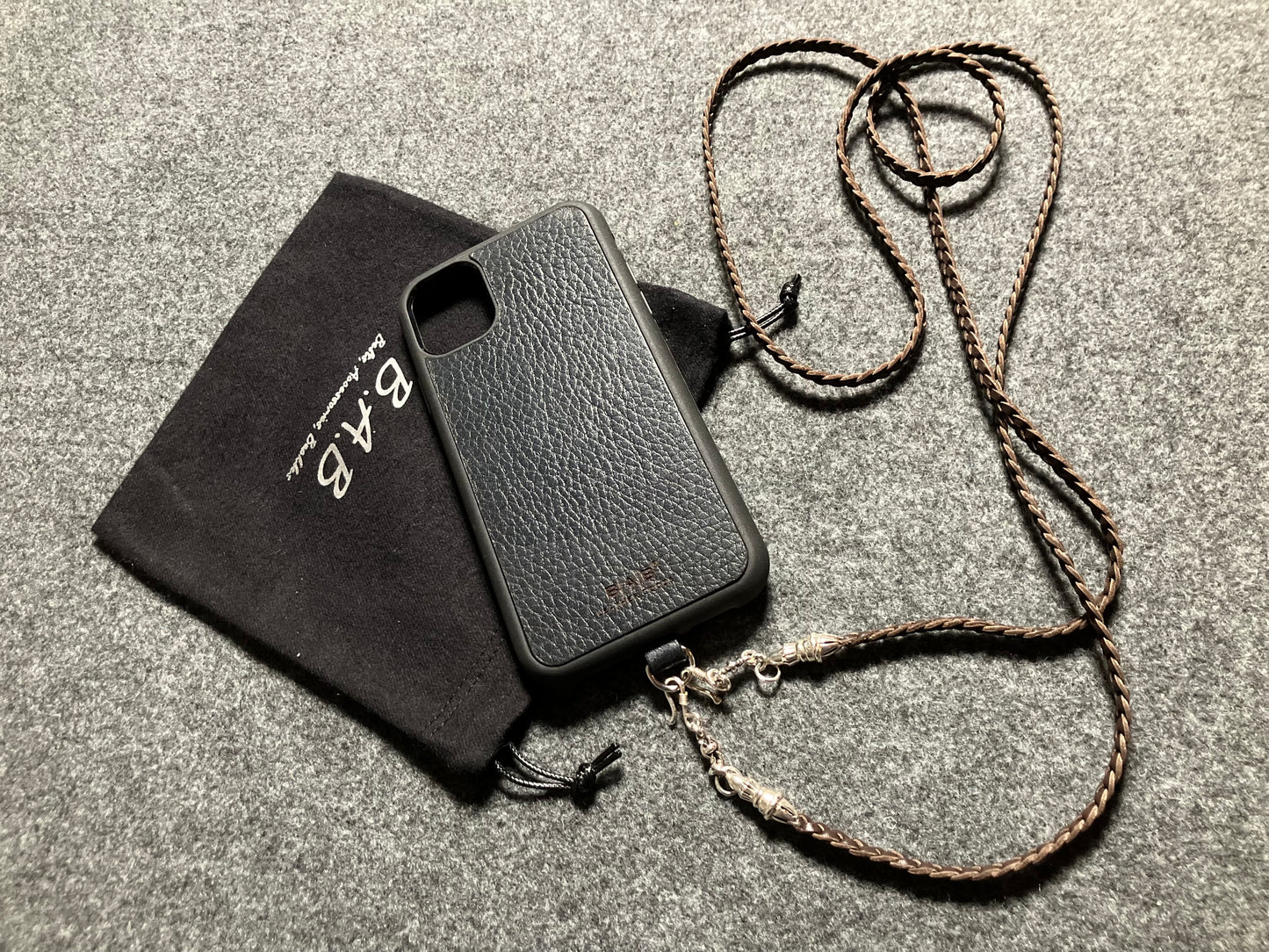 Full-Grain vegetable-tanned Genuine Leather iPhone Case/Holder/Microfiber. 2 Rope Terminals, 2 Links, 2-S clasps, and 6 Rings, all made of 925 Sterling Silver & Leather Crossbody/Necklace/Choker/Bracelet with 3 Hand-braided strands, Brown or Black.- KC14i
