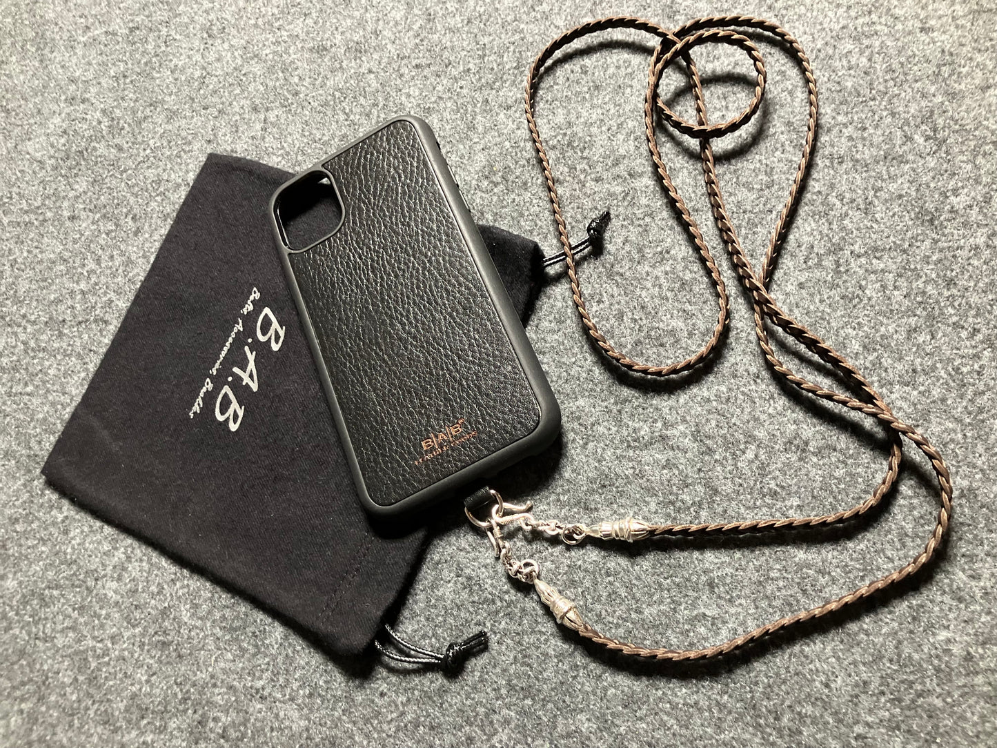 Full-Grain vegetable-tanned Genuine Leather iPhone Case/Holder/Microfiber. 2 Rope Terminals, 2 Links, 2-S clasps, and 6 Rings, all made of 925 Sterling Silver & Leather Crossbody/Necklace/Choker/Bracelet with 3 Hand-braided strands, Brown or Black.- KC14i