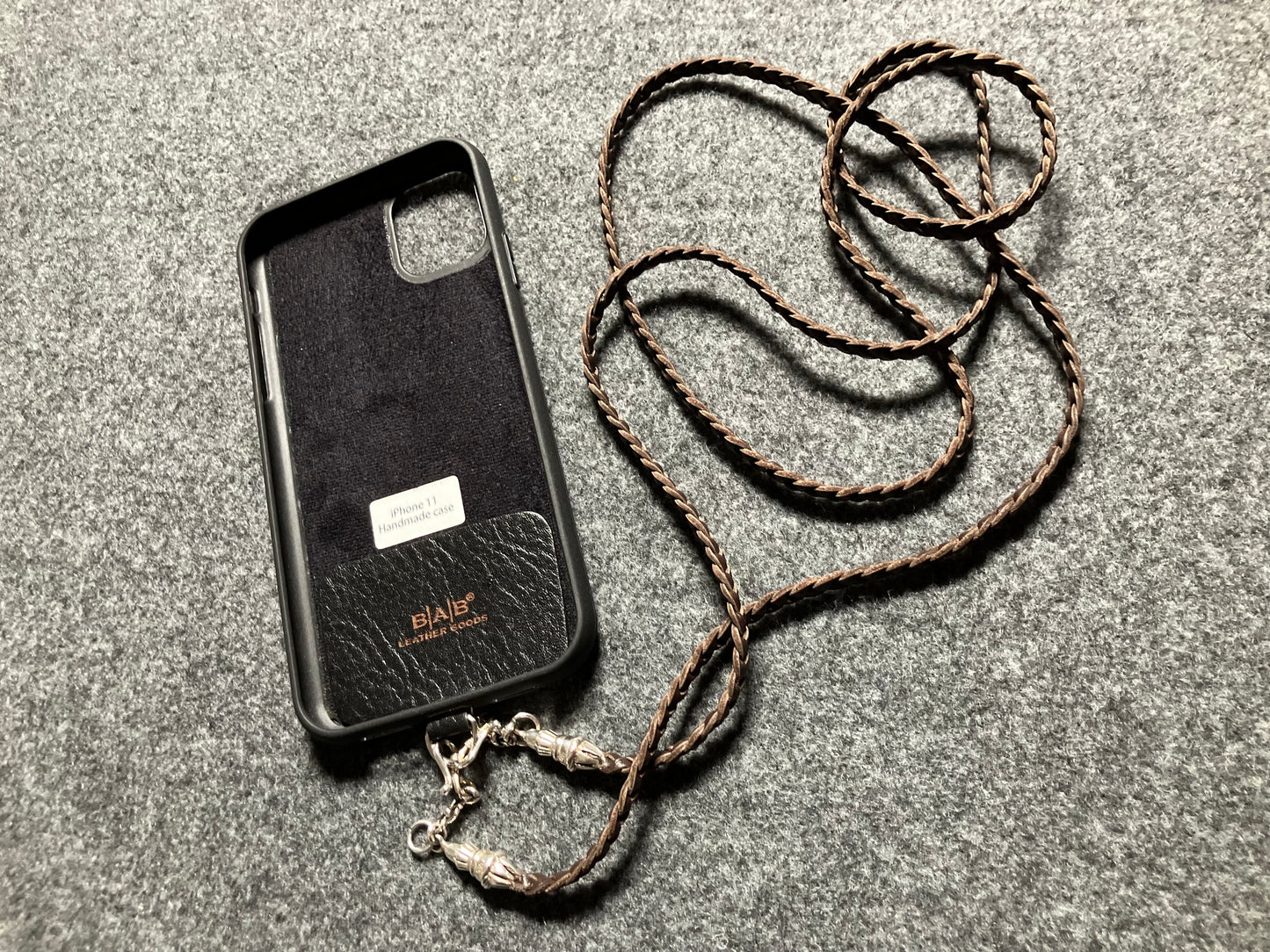 Full-Grain vegetable-tanned Genuine Leather iPhone Case/Holder/Microfiber. 2 Rope Terminals, 2 Links, 2-S clasps, and 6 Rings, all made of 925 Sterling Silver & Leather Crossbody/Necklace/Choker/Bracelet with 3 Hand-braided strands, Brown or Black.- KC14i